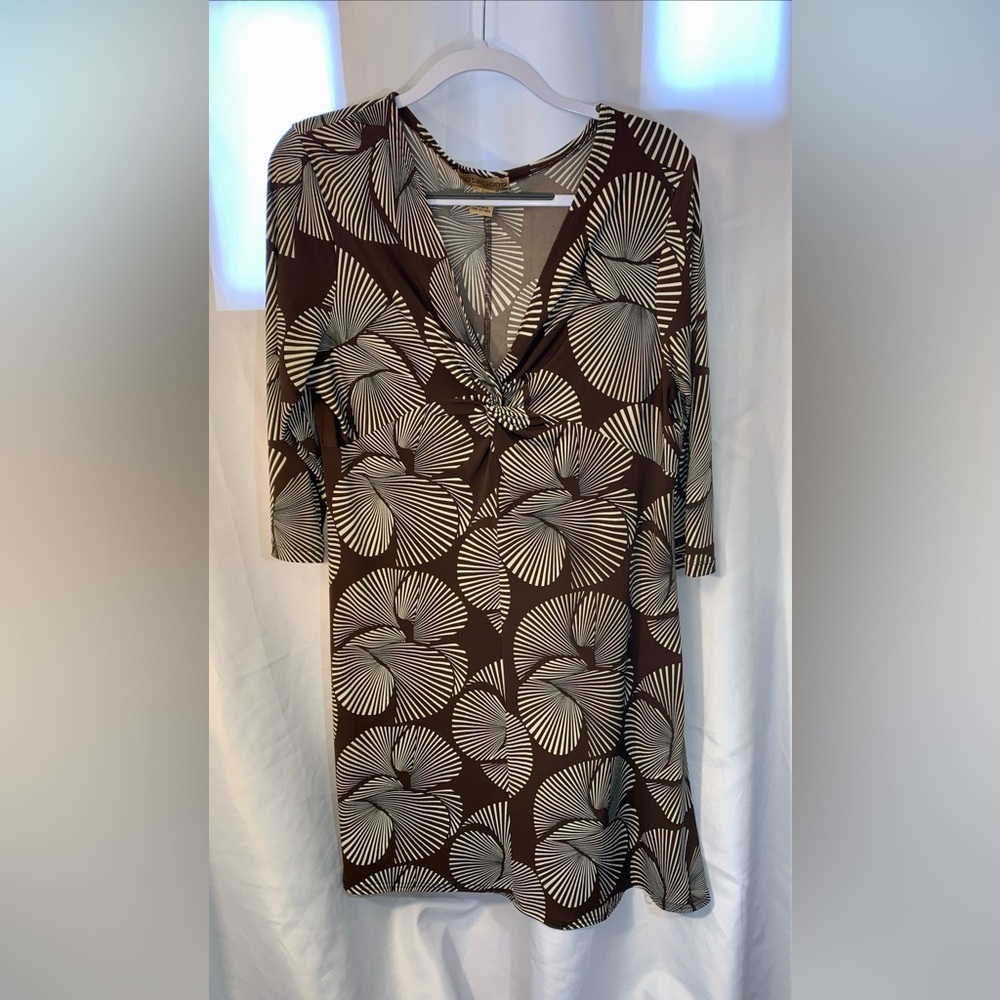 Notations Brown and Cream Geometric Dress Twisted V-neck 3/4 Sleeve Women’s XL